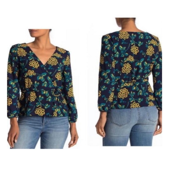 J Crew Floral Wrap Blouse - Navy and Gold, Size XSP - Picture 1 of 10